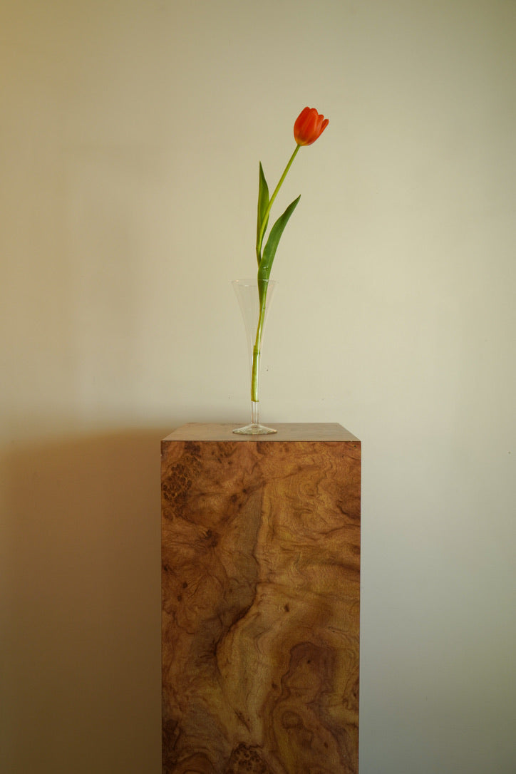 Tall Vintage Faux Burlwood Pedestal – Postmodern Display Plinth in the Style of Milo Baughman (1980s)