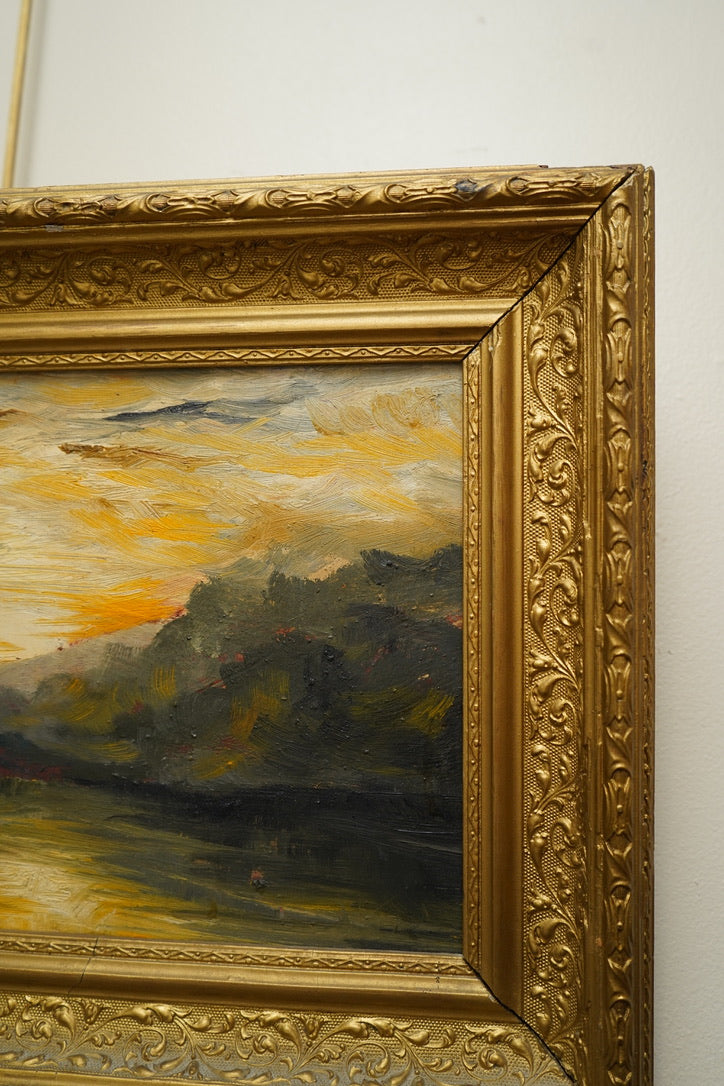 Early 20th Century Impressionist Oil Painting | Sunset Over River Valley in Gilt Frame