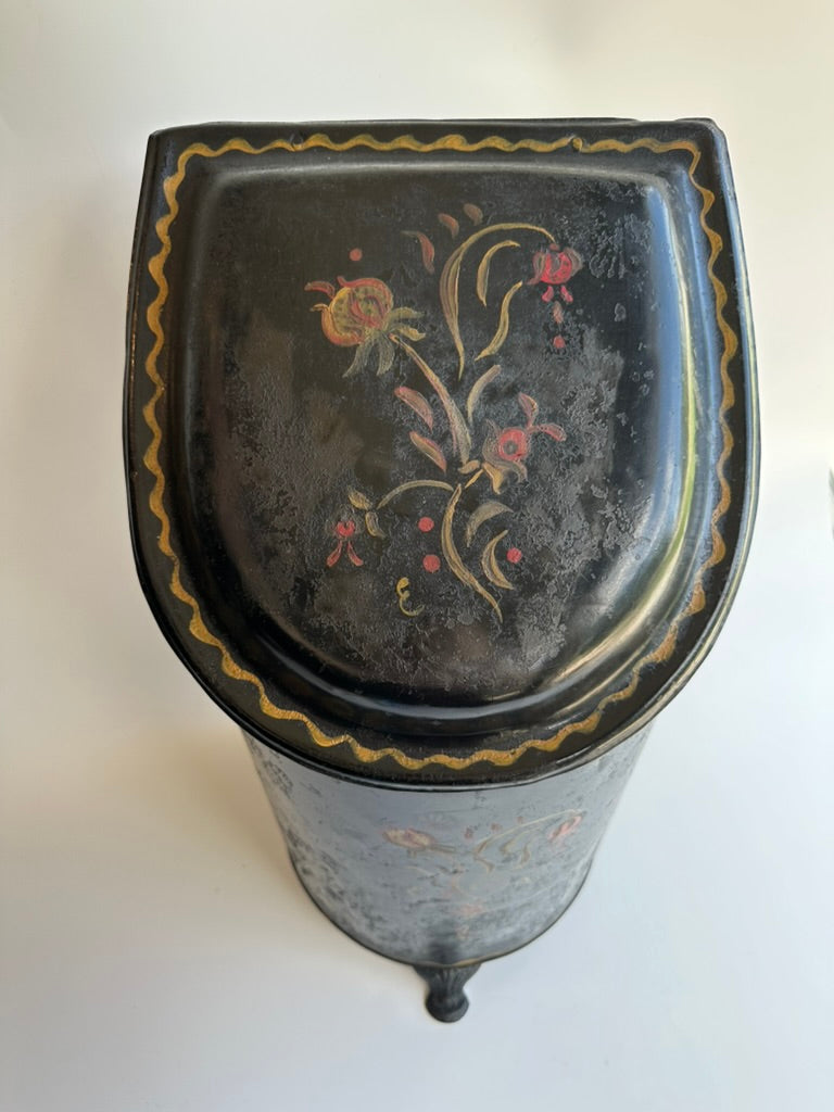Antique European Hand‑Painted Tole Coal Scuttle | Victorian Fireplace Bucket, c.1880