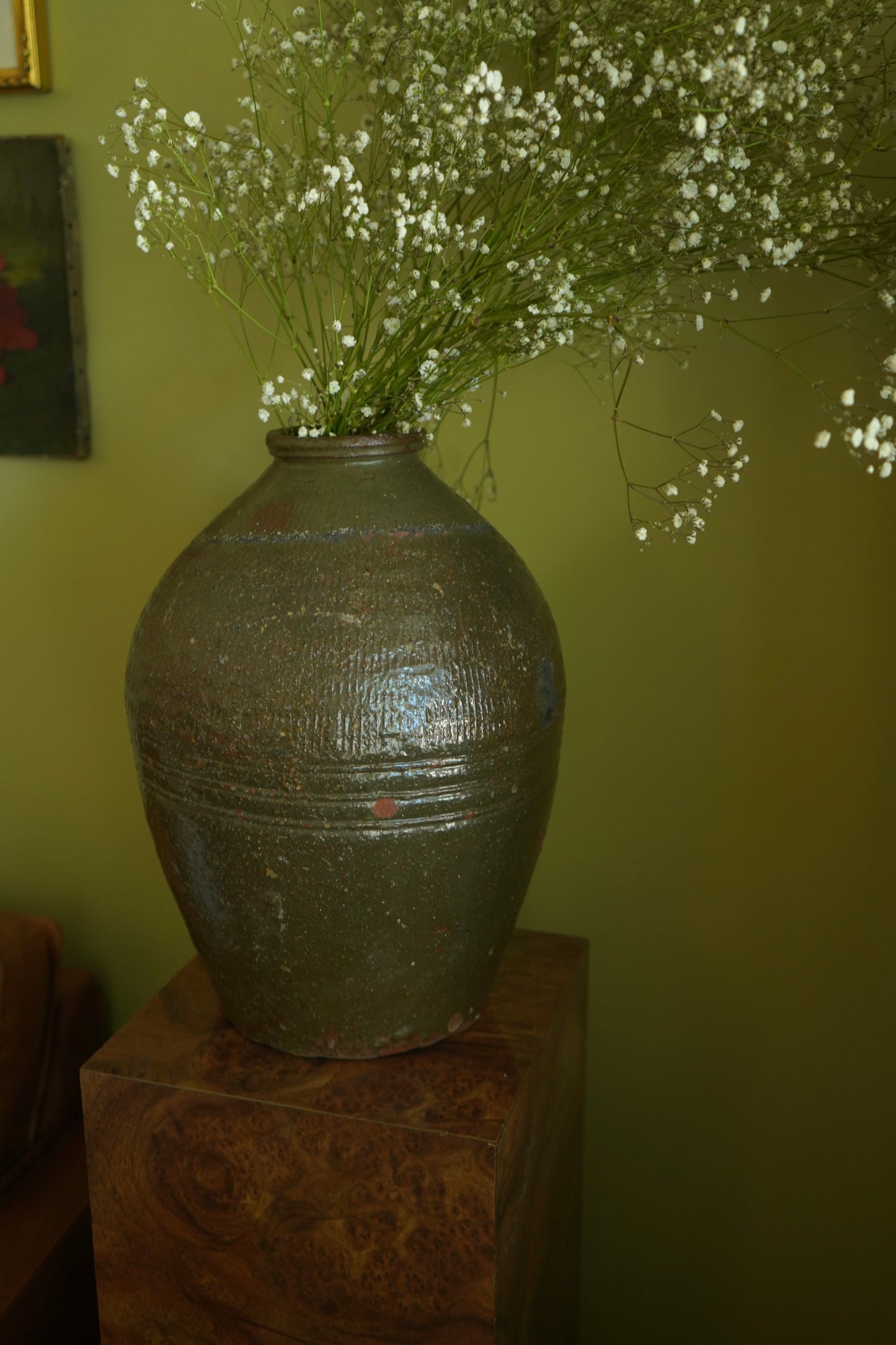 Vintage Chinese Stoneware Oil Jar with Ash Glaze, Rustic Pottery Vessel, 14.25 Inches