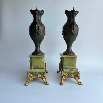 Pair of Antique French Neoclassical Spelter and Onyx Urns with Gilt Brass Accents