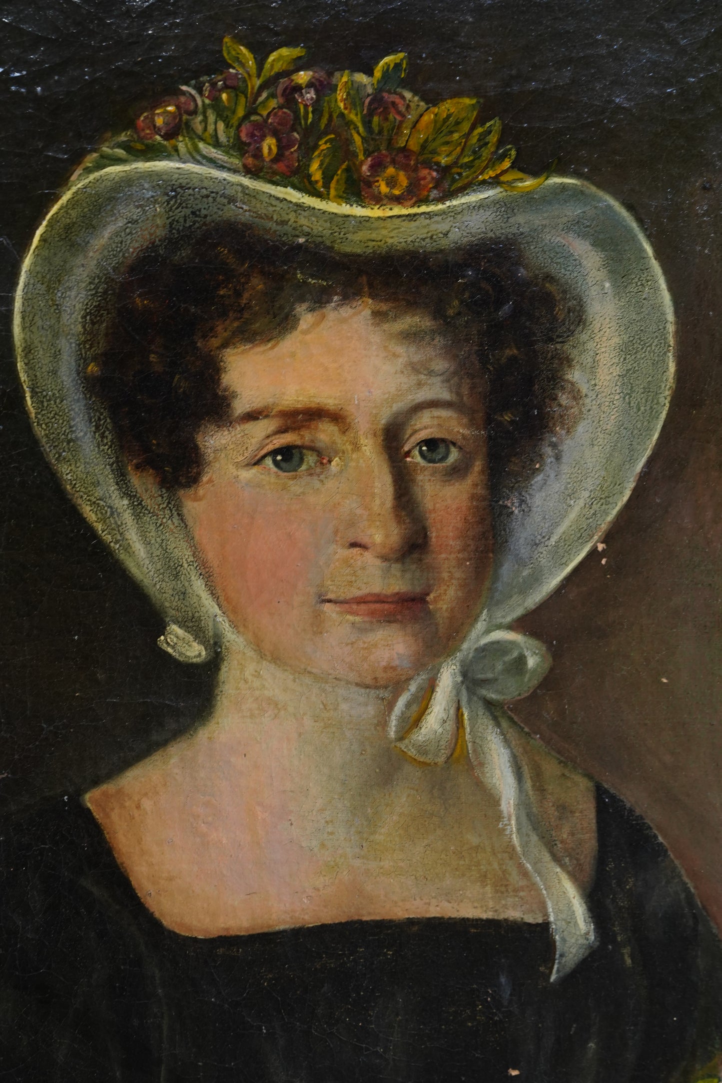 Antique French Bonnet Portrait Painting of a Woman Holding a Rose