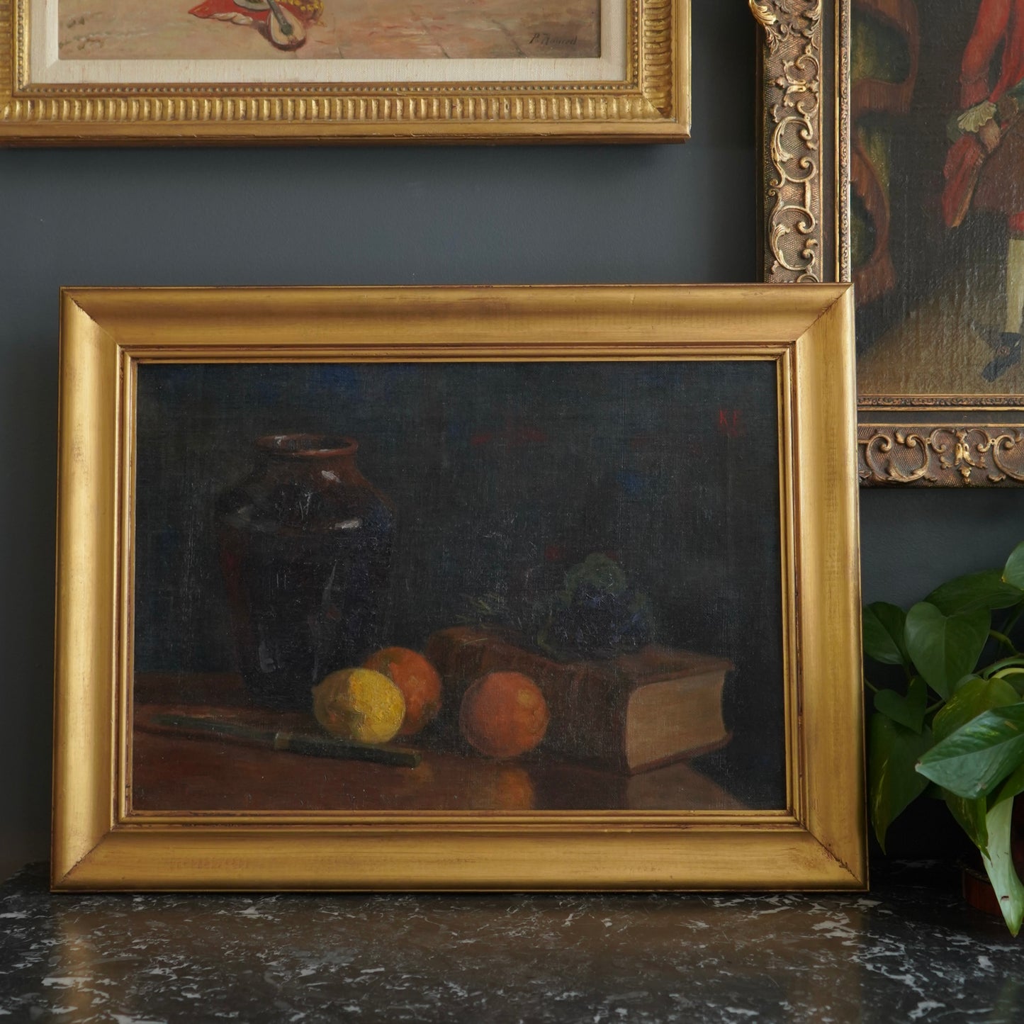 Antique 1905 Oil Painting Still Life with Fruit, Book & Earthenware Jar | Signed K.E.