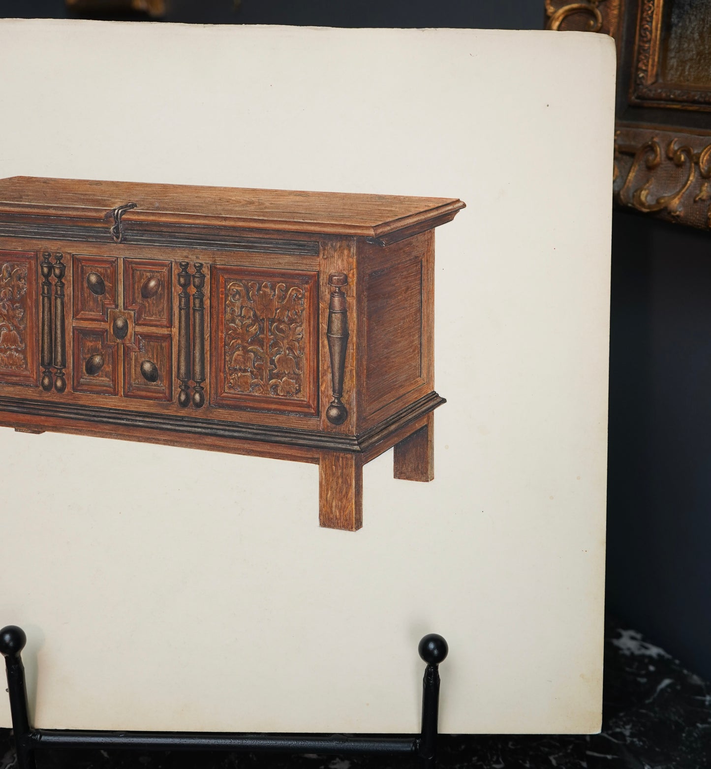 Antique Furniture Illustration – Colored Pencil Rendering of a Jacobean Oak Chest by Chas. Squires, c.