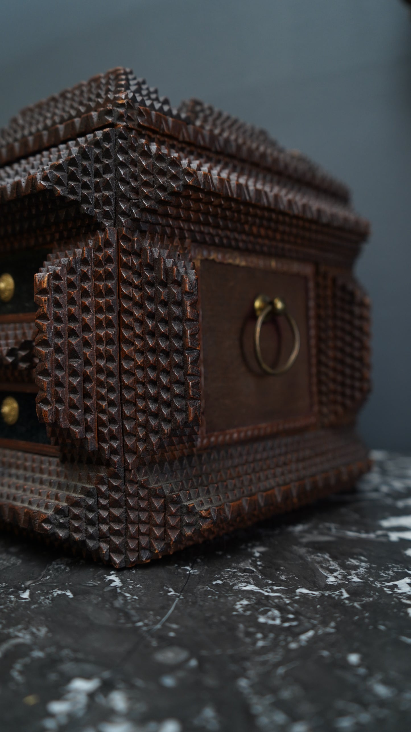 Antique Tramp Art Sewing Box with Drawers and Mirror, Hand-Carved Folk Art Keepsake Chest, Late 19th Century