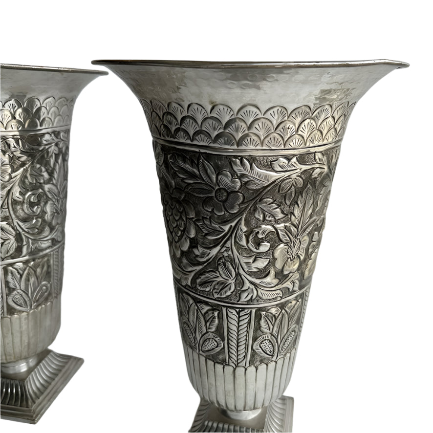 Large Pair of Vintage Silver Plated Repousse Urns