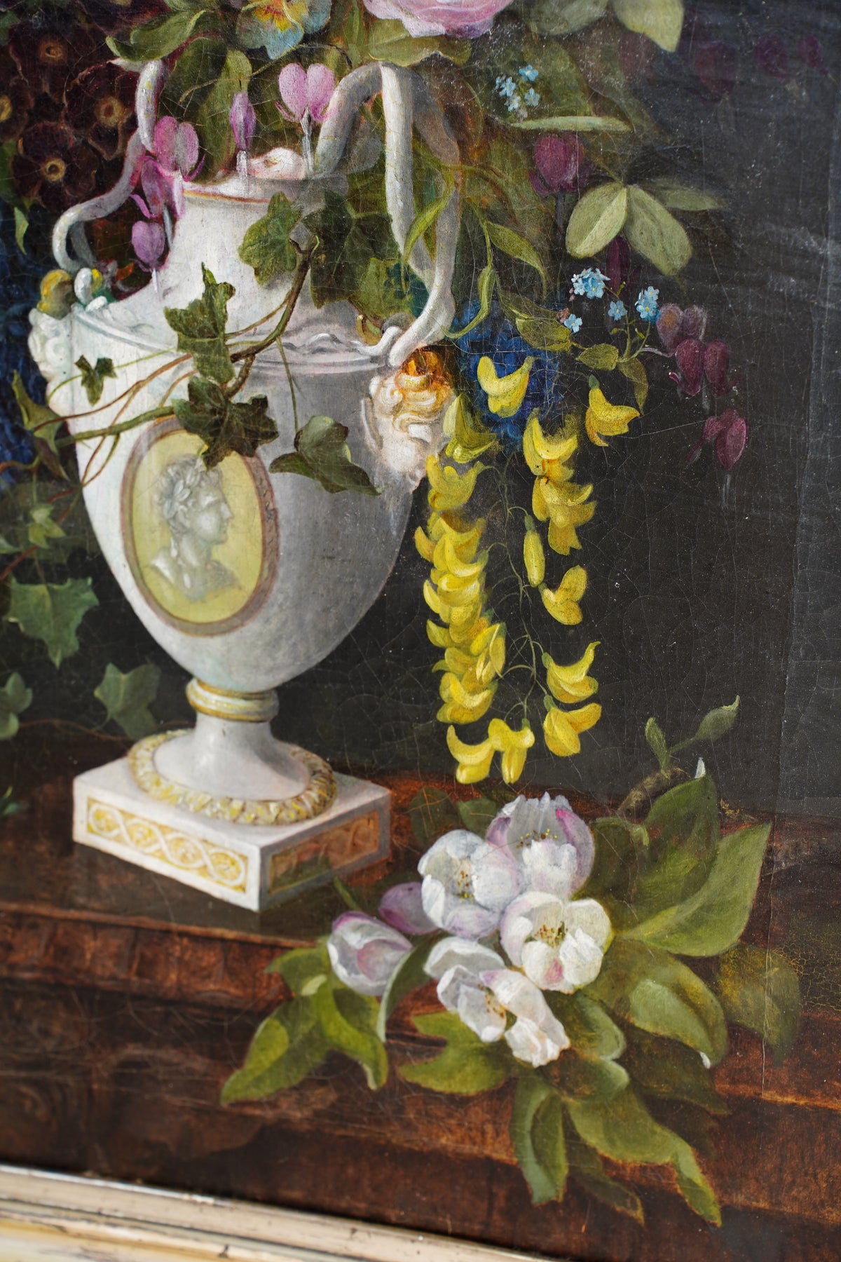 Antique Floral Still Life Oil Painting of Flowers in a Porcelain Urn