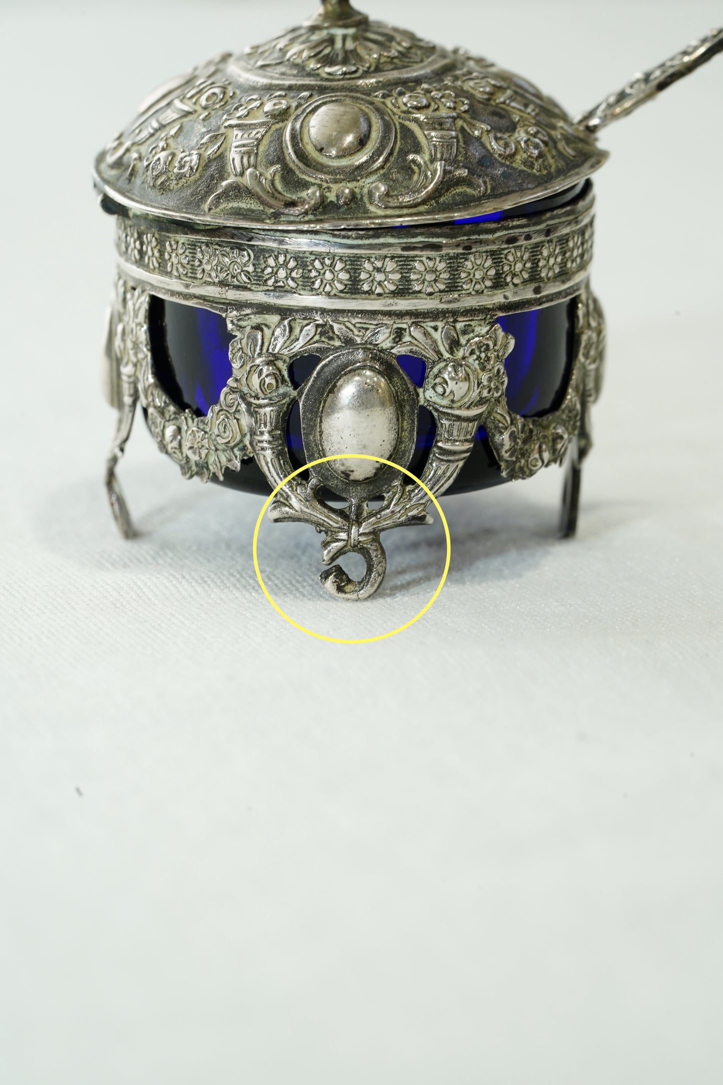 Antique German 800 Silver Salt Cellar Set with Cobalt Glass, Hanau