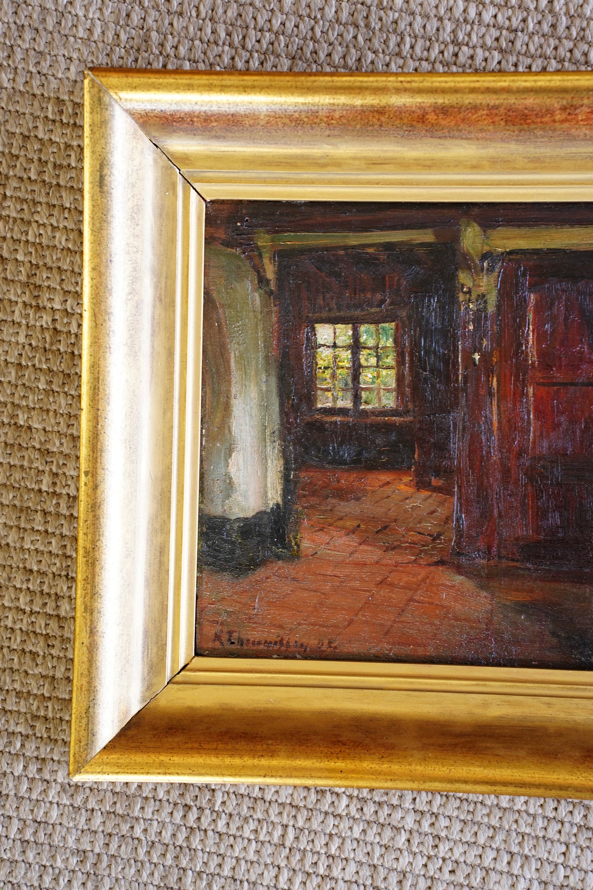 Antique Belgian Interior Oil Painting, Signed