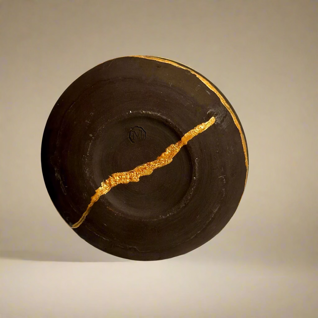 This is a low, handmade ceramic vase with a golden Kintsugi repair and artist’s mark