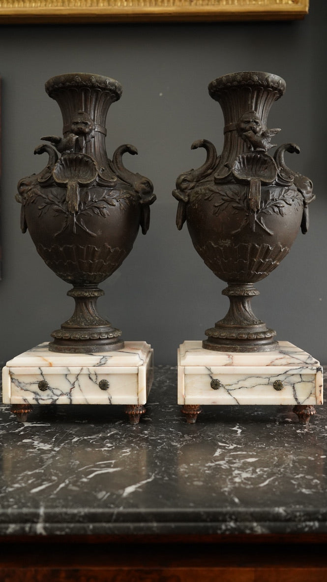 Pair of 19th Century French Napoleon III Style Spelter & Marble Urns