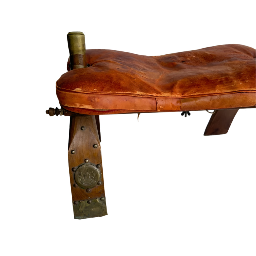 Vintage Middle Eastern Camel Saddle Stool with Embossed Leather Cushion & Brass Accents (c. 1950s)