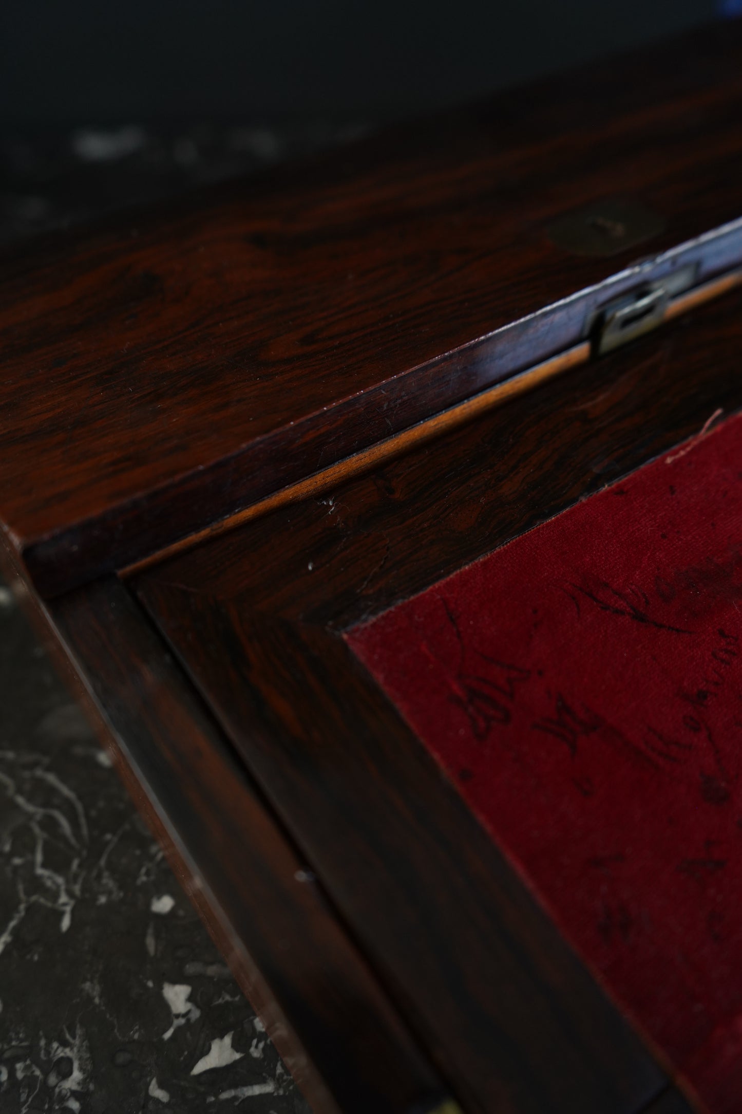 Antique Rosewood Writing Slope with Velvet Writing Surface and Inscriptions, Mid-19th Century
