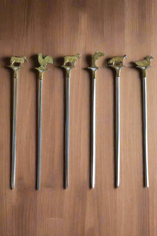 Mid-Century Brass Animal Meat Markers – Set of 6 Carving Skewers