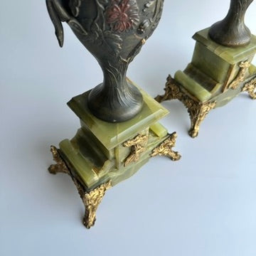 Pair of Antique French Neoclassical Spelter and Onyx Urns with Gilt Brass Accents