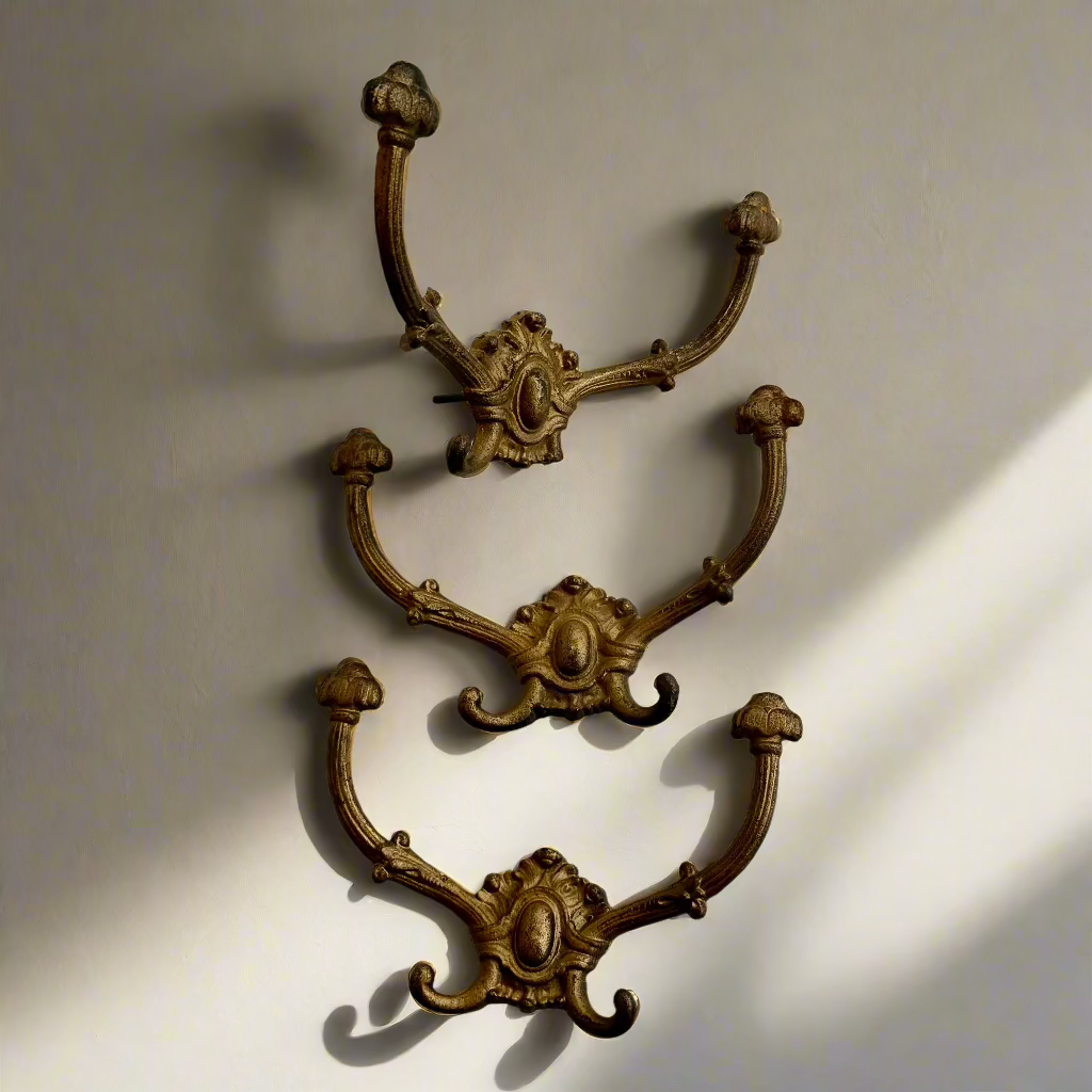 Antique Victorian Cast-Brass Quadruple Wall Hooks – Hat, Coat & Umbrella Hangers, Set of 3