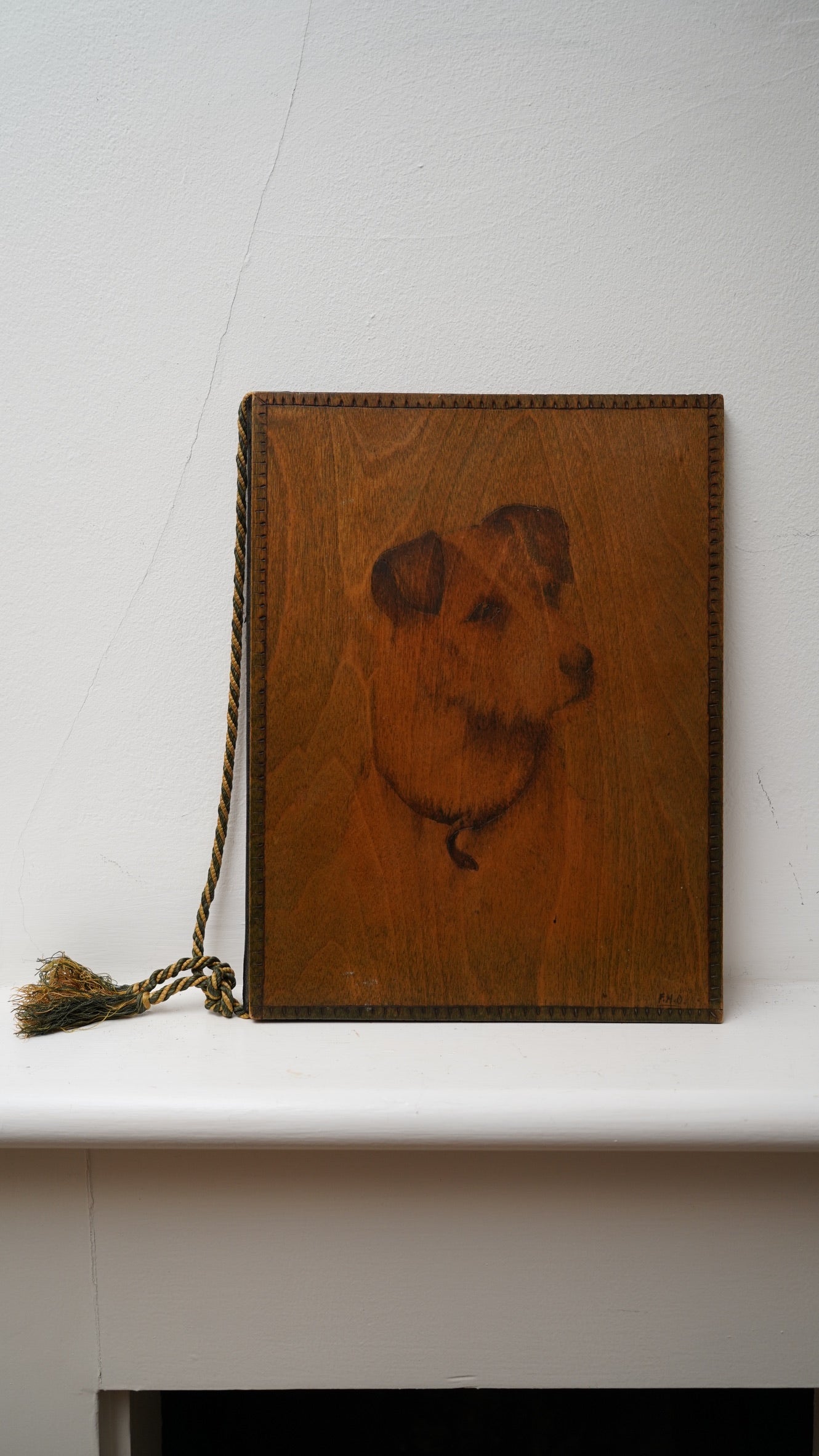 Antique Handcrafted Pokerwork Terrier Writing Blotter, Signed F.H.O., c. 1910–1930