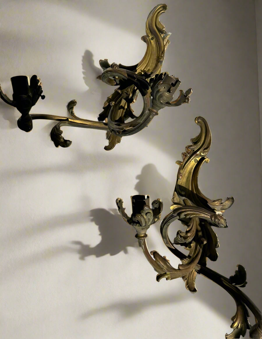 Antique French Rococo Gilt Bronze Wall Sconces (Pair) | Antique French Bronze Wall Lighting