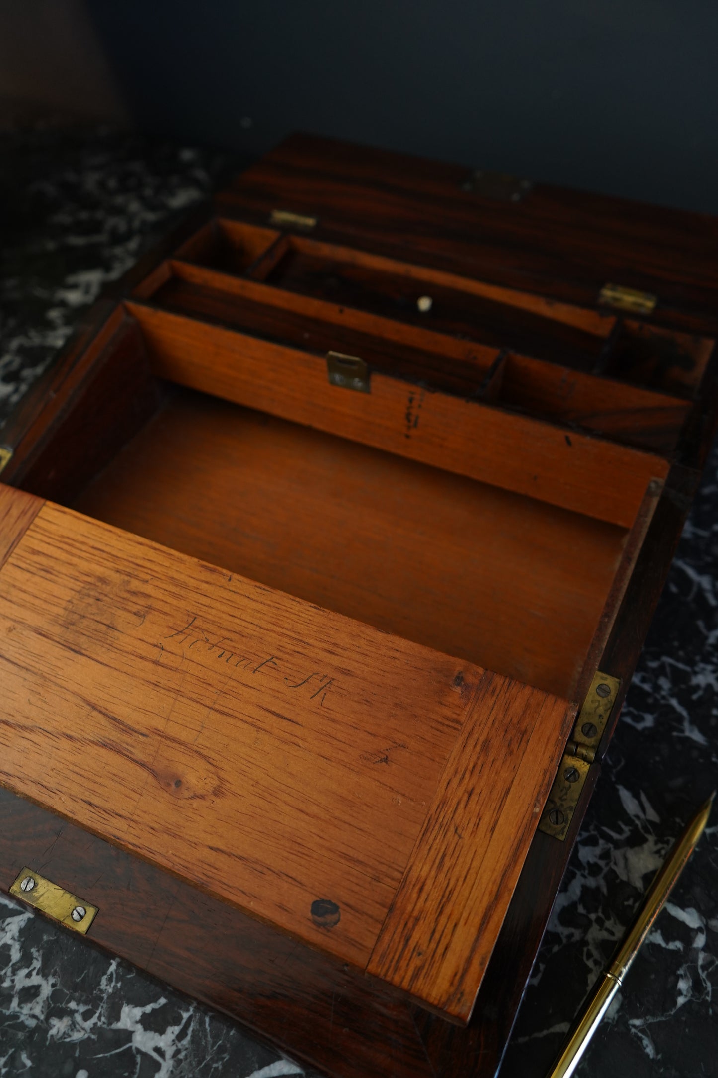 Antique Rosewood Writing Slope with Velvet Writing Surface and Inscriptions, Mid-19th Century