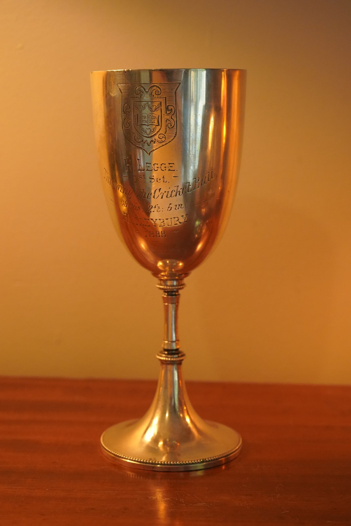 Antique English Silver Plated Trophy Goblet, "Haileybury College Throwing Cricket Ball Trophy Victorian 1888"