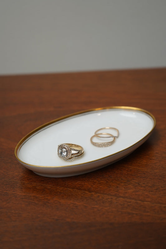 Royal Copenhagen White Porcelain Oval Ring Dish with Gold Rim – Made in Denmark