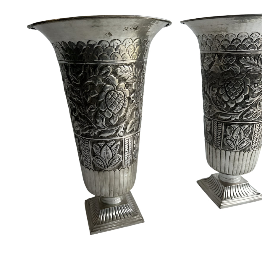 Large Pair of Vintage Silver Plated Repousse Urns