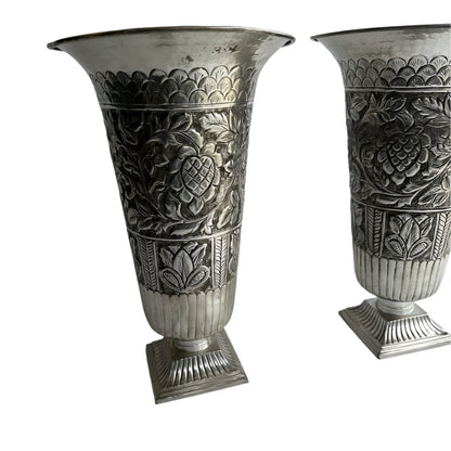 Large Pair of Vintage Silver Plated Repousse Urns