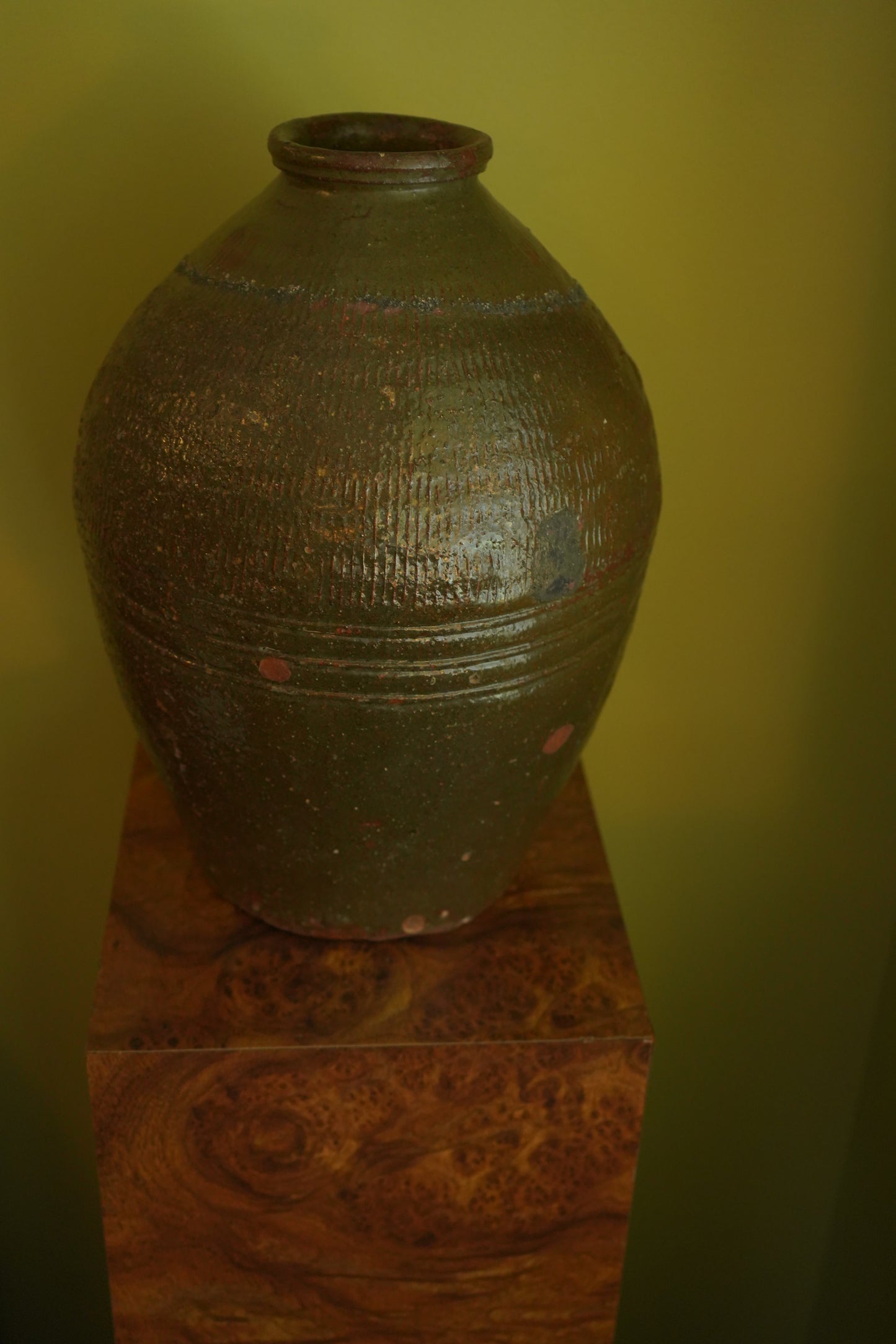 Vintage Chinese Stoneware Oil Jar with Ash Glaze, Rustic Pottery Vessel, 14.25 Inches