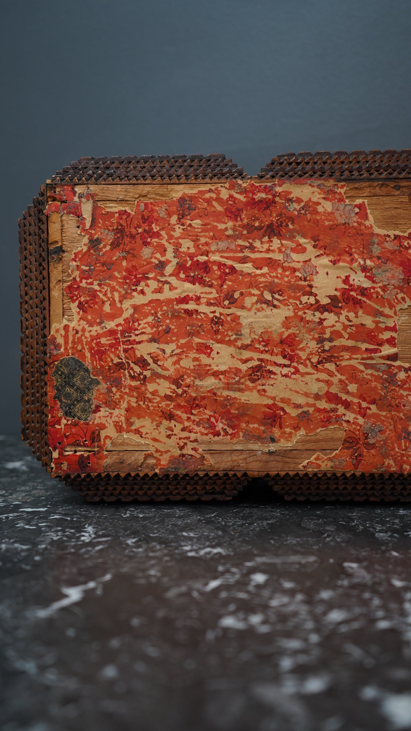 Antique Tramp Art Sewing Box with Drawers and Mirror, Hand-Carved Folk Art Keepsake Chest, Late 19th Century