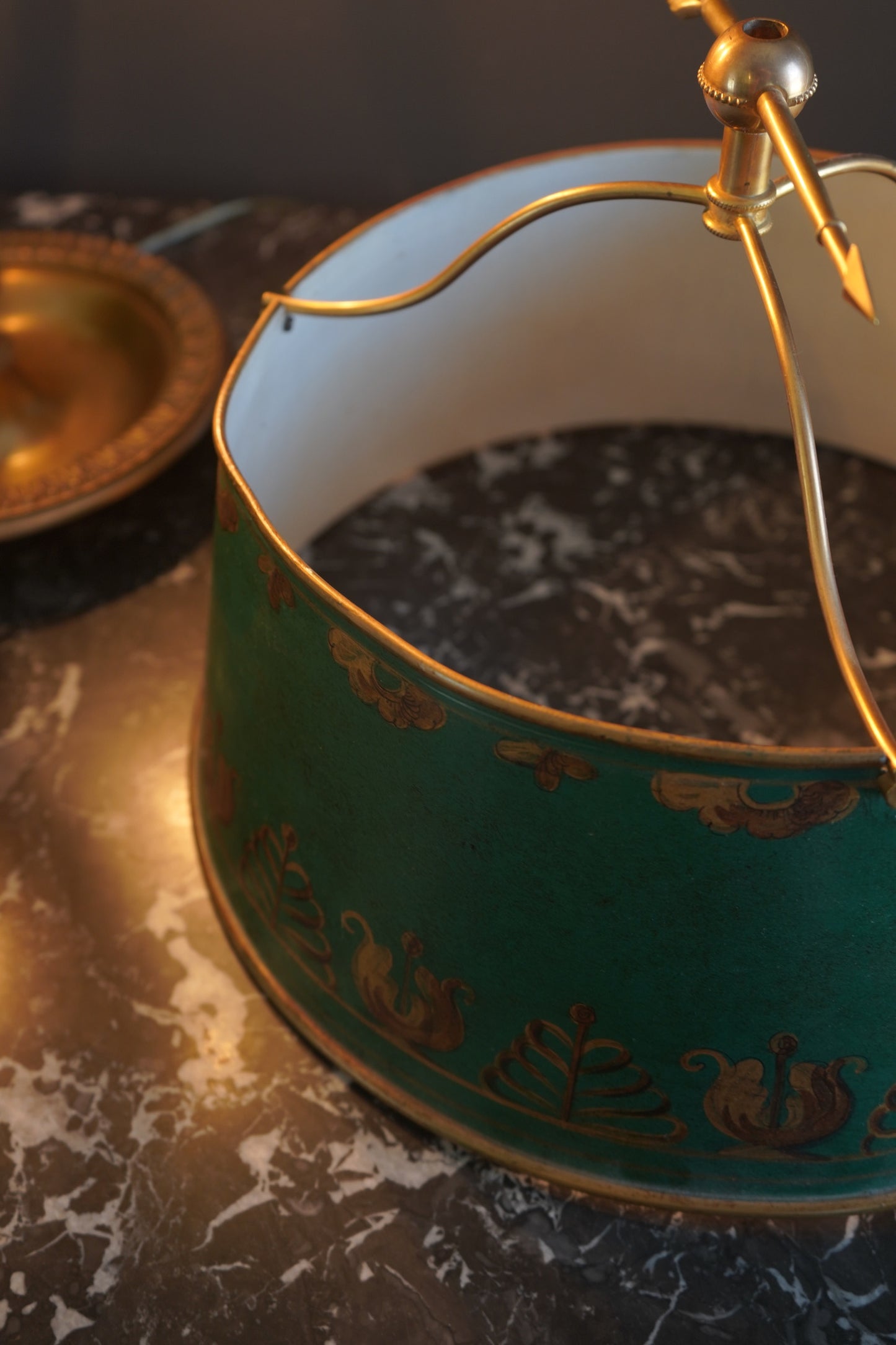 Antique French Bouillotte Lamp with Hand-Painted Tole Shade | Gilt Bronze / Brass Mix, Neoclassical, c.1920