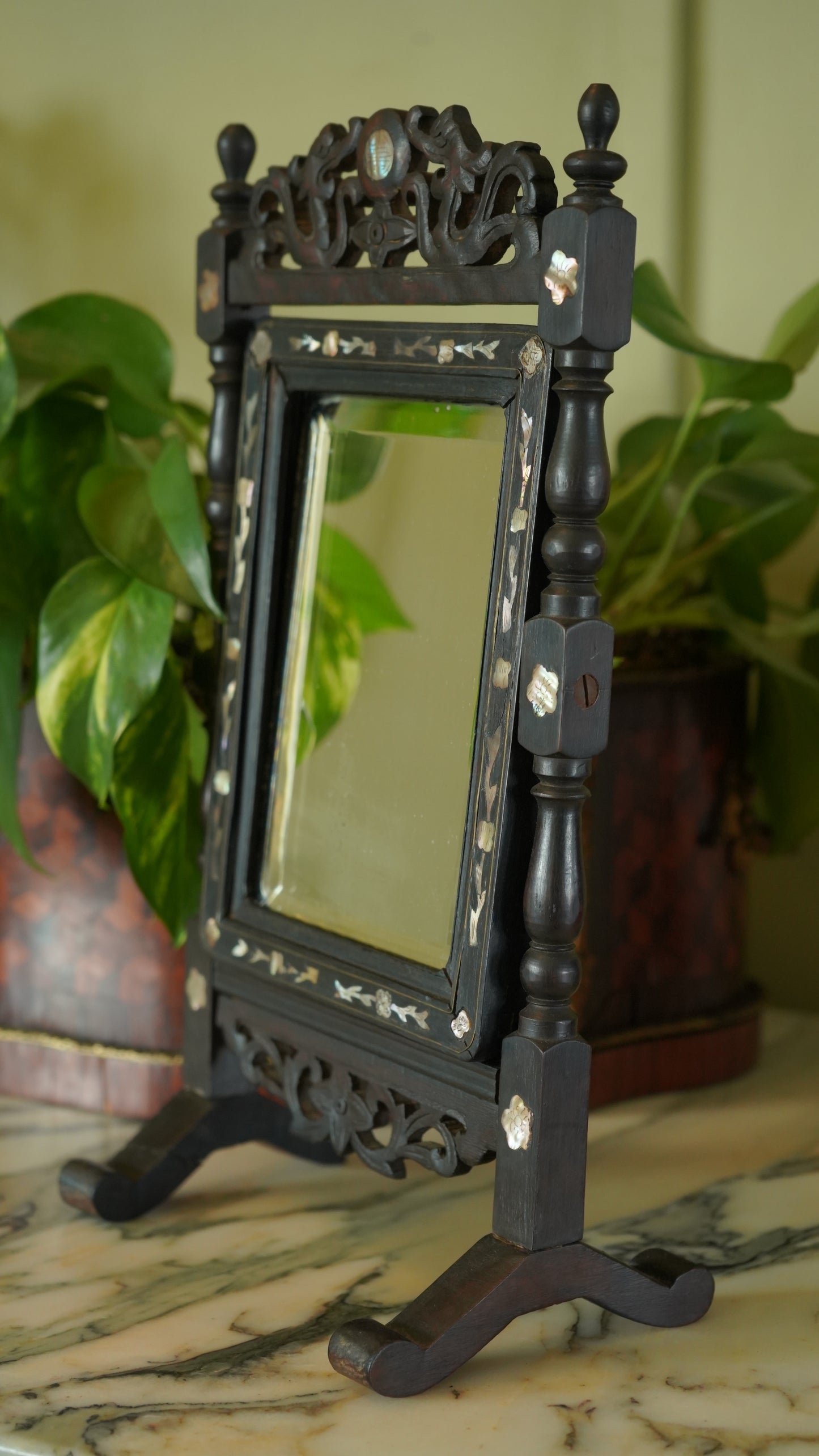Antique Ebonized Wood & Mother-of-Pearl Vanity Tabletop Mirror