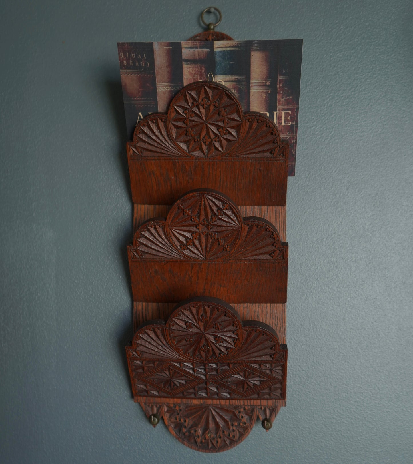 Antique Hand-Carved Oak Letter Rack with Key Hooks | Arts & Crafts Folk Carving c.1880–1910