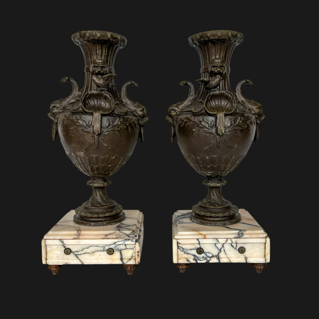 Pair of 19th Century French Napoleon III Style Spelter & Marble Urns