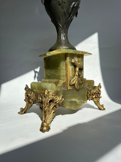 Pair of Antique French Neoclassical Spelter and Onyx Urns with Gilt Brass Accents