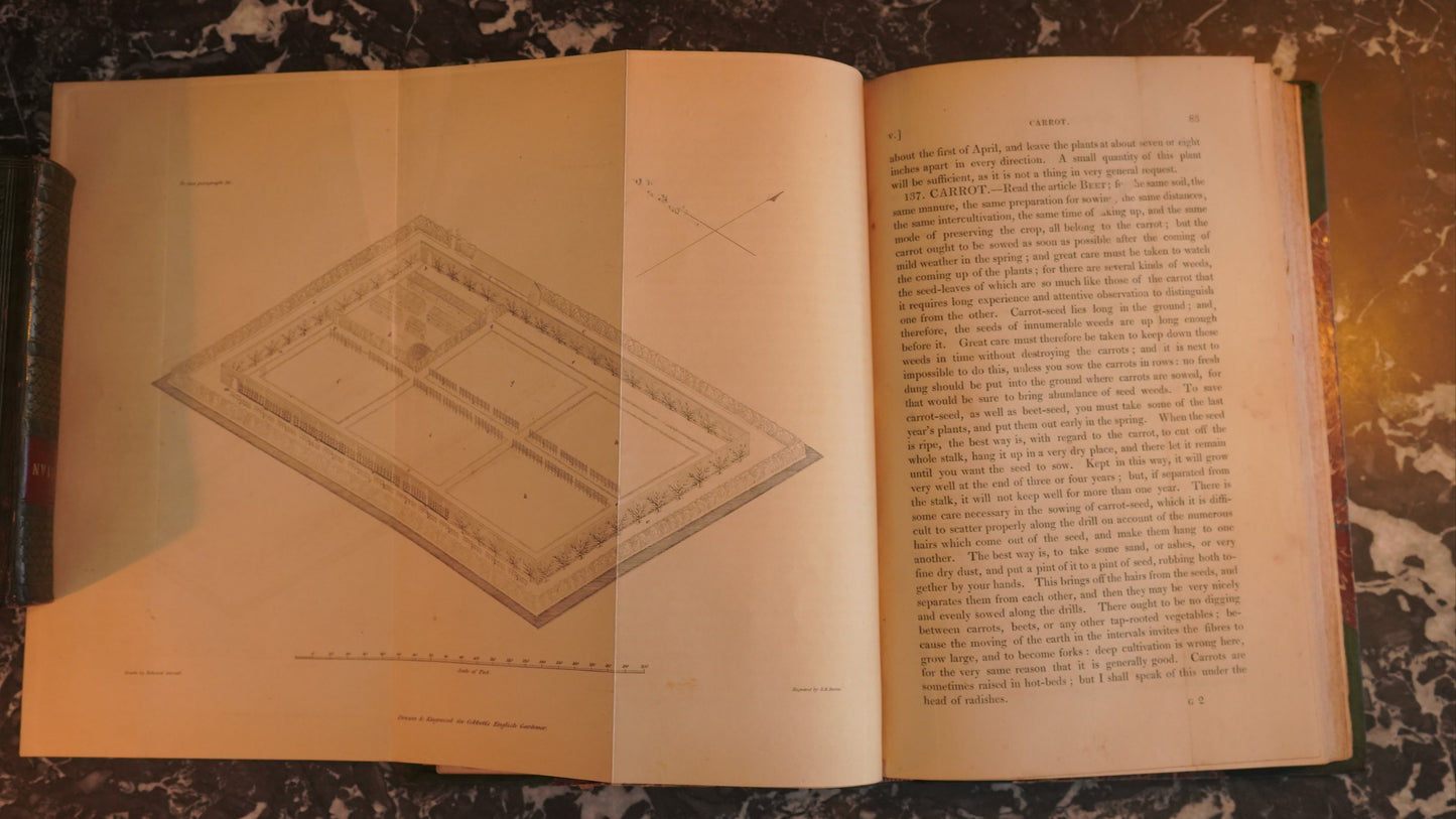 Antique 1838 "The English Gardener" Half Dark Green Leather Book, Highly Illustrated with Fold Out