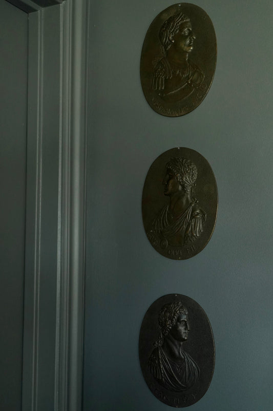 Set of 3 Antique Grand Tour Bronze Portrait Plaques – Roman Emperors Vespasian & Augustus, 19th Century Italian