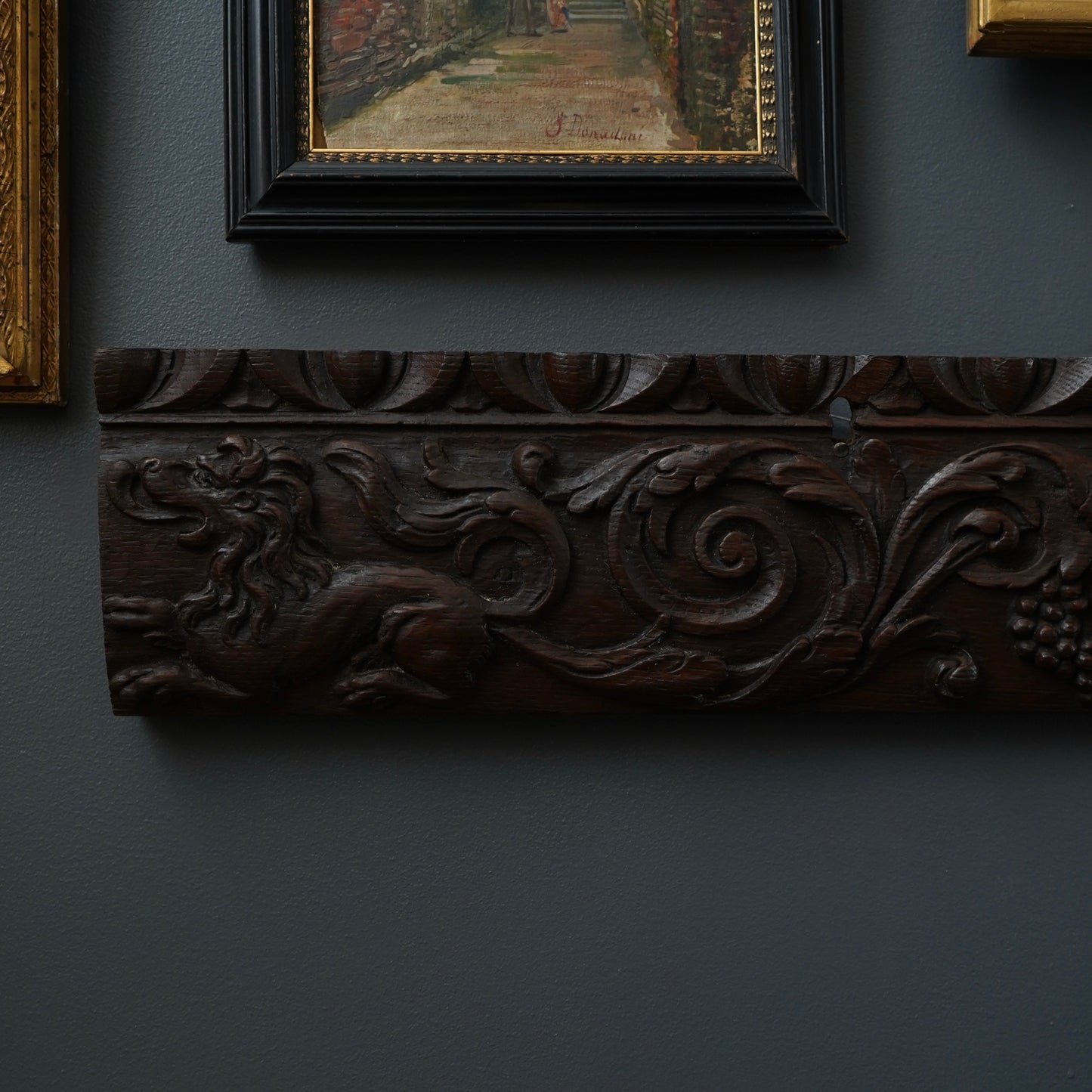 Antique Carved Oak Drawer Front | Renaissance Revival Lion, Grapevine & Acanthus | Architectural Salvage Wall Plaque c.1870–1900