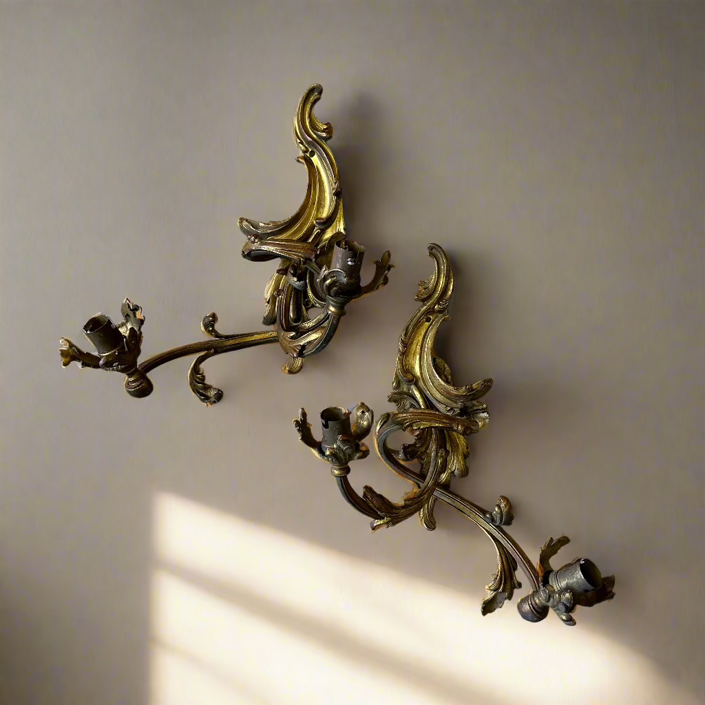 Antique French Rococo Gilt Bronze Wall Sconces (Pair) | Antique French Bronze Wall Lighting
