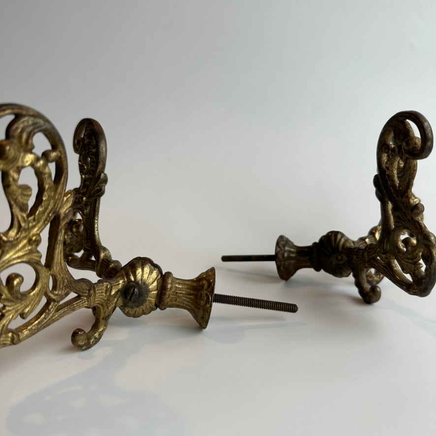 Large Antique Late-Victorian Cast-Brass Filigree Double Wall Hooks (Pair)