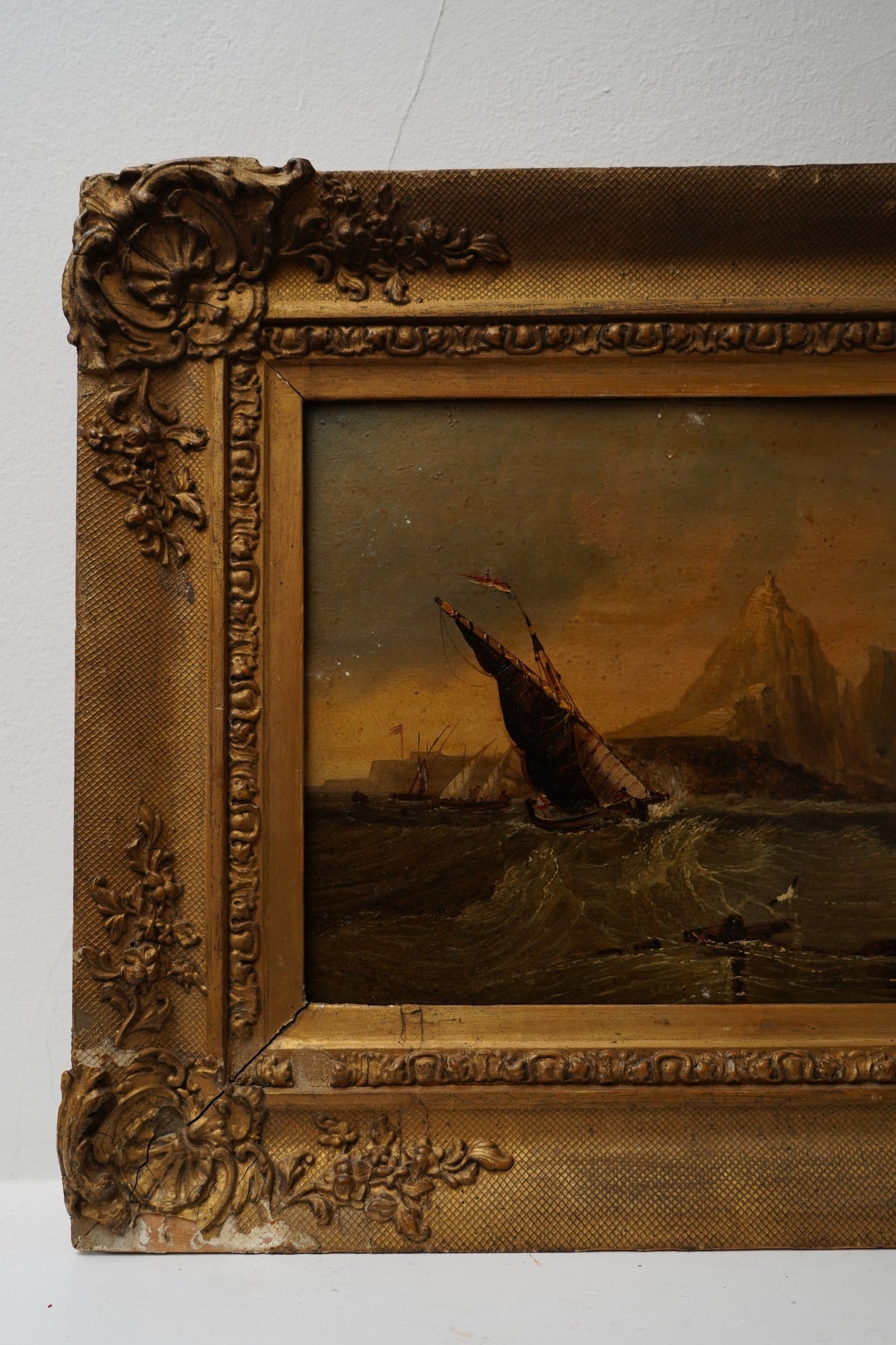 19th Century British Marine Painting – “Gibraltar from the Sea” | Antique Oil on Board in Gilt Frame