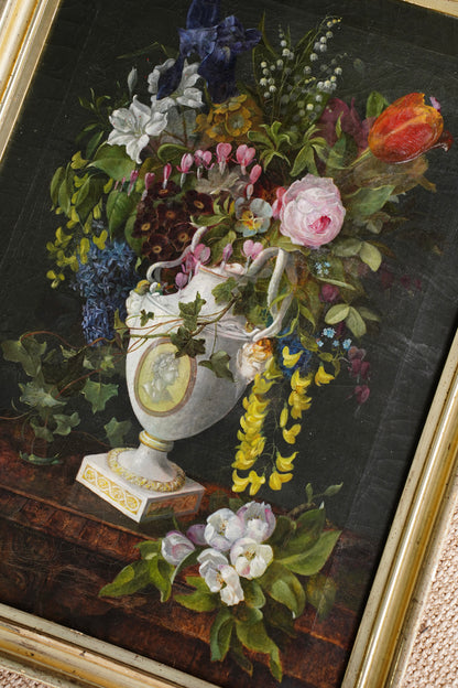 Antique Floral Still Life Oil Painting of Flowers in a Porcelain Urn