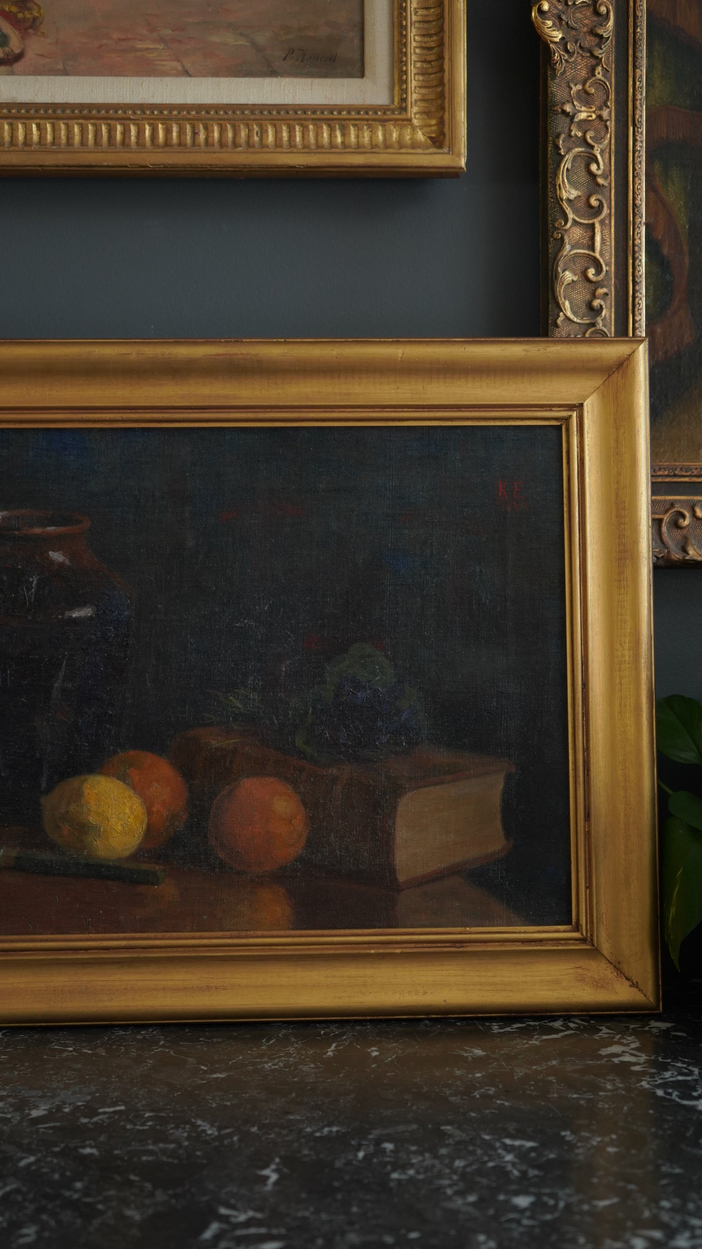 Antique 1905 Oil Painting Still Life with Fruit, Book & Earthenware Jar | Signed K.E.