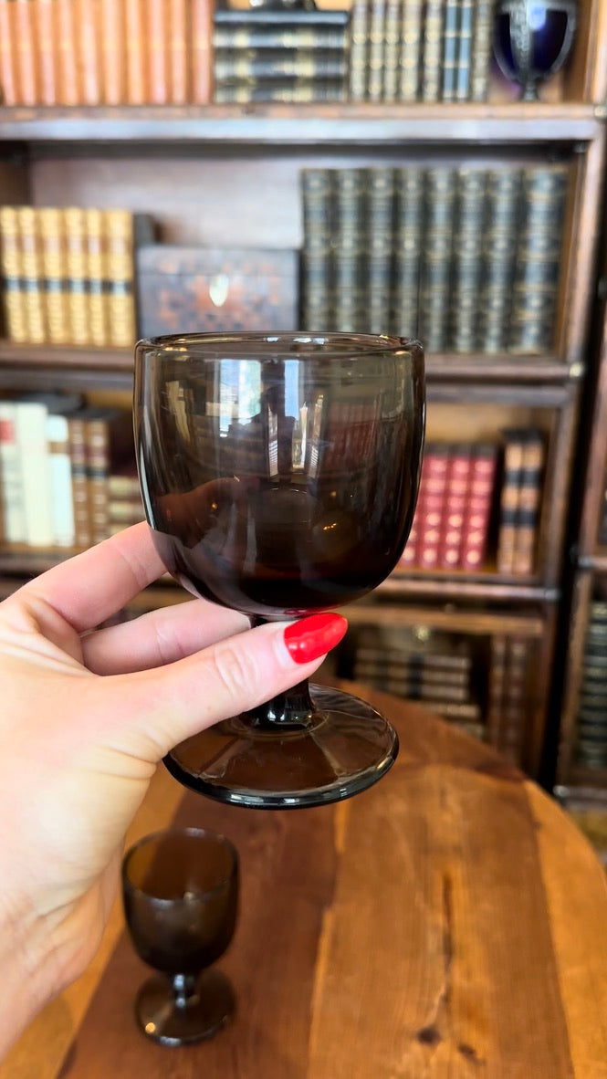 Set of 5 Vintage Mid-Century Smoke Glass Cordial Goblets | Hoffman Style Barware, 1960s–1970s