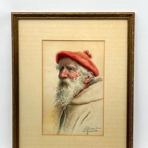 Early 20th Century Watercolor Painting "Portrait of an Italian Man" by Enrico Florentino