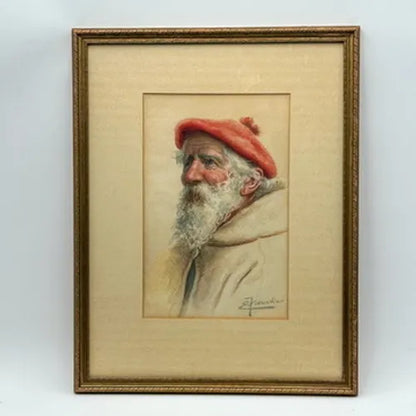 Early 20th Century Watercolor Painting "Portrait of an Italian Man" by Enrico Florentino