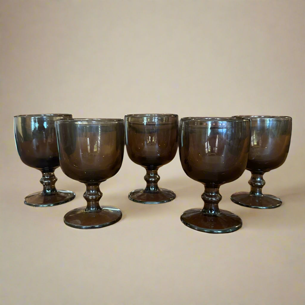 Set of 5 Vintage Mid-Century Smoke Glass Cordial Goblets | Hoffman Style Barware, 1960s–1970s