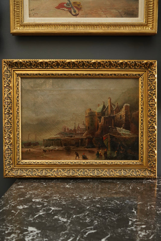 1894 Dutch Winterscape Oil Painting with Monogram in Antique Gilt Victorian Frame