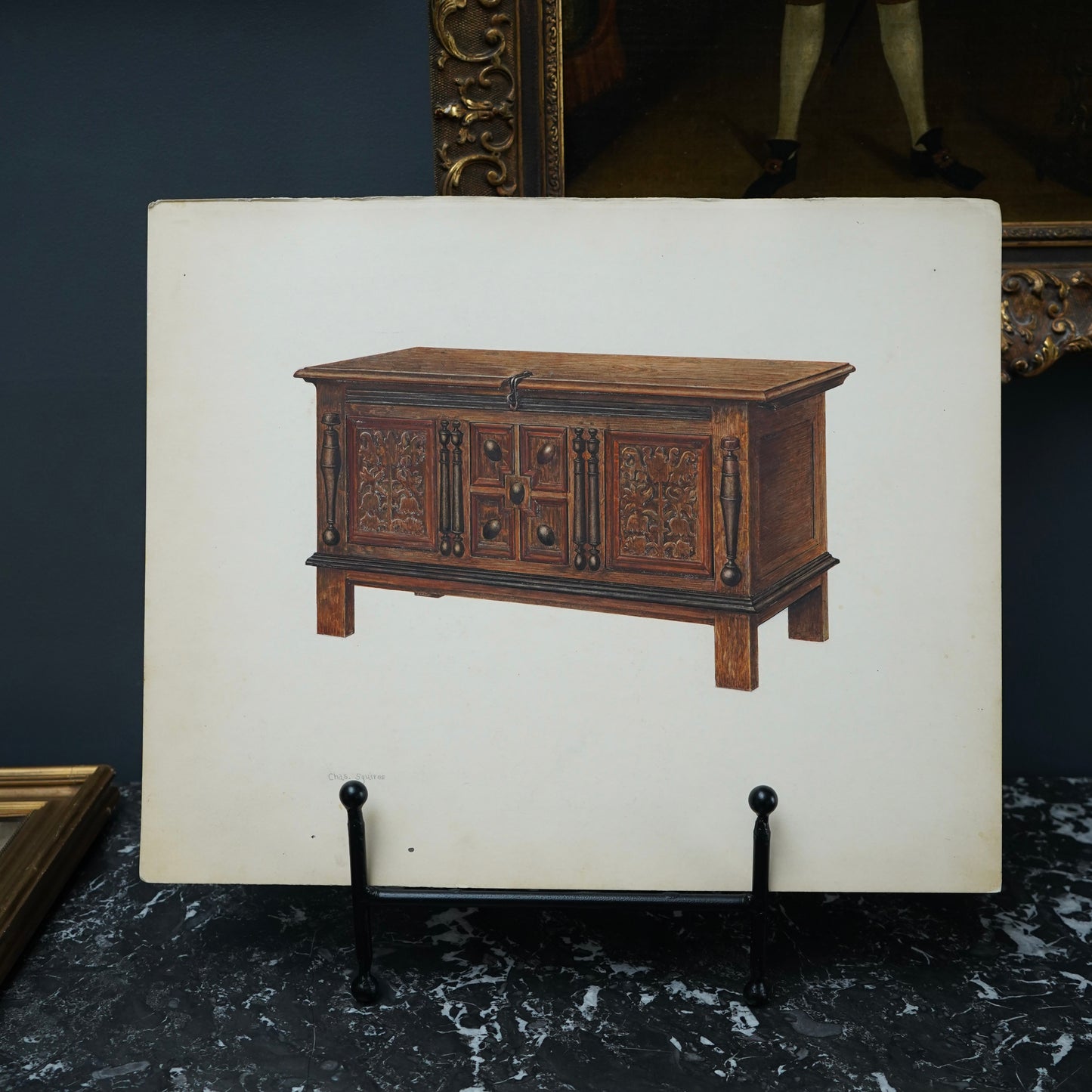 Antique Furniture Illustration – Colored Pencil Rendering of a Jacobean Oak Chest by Chas. Squires, c.