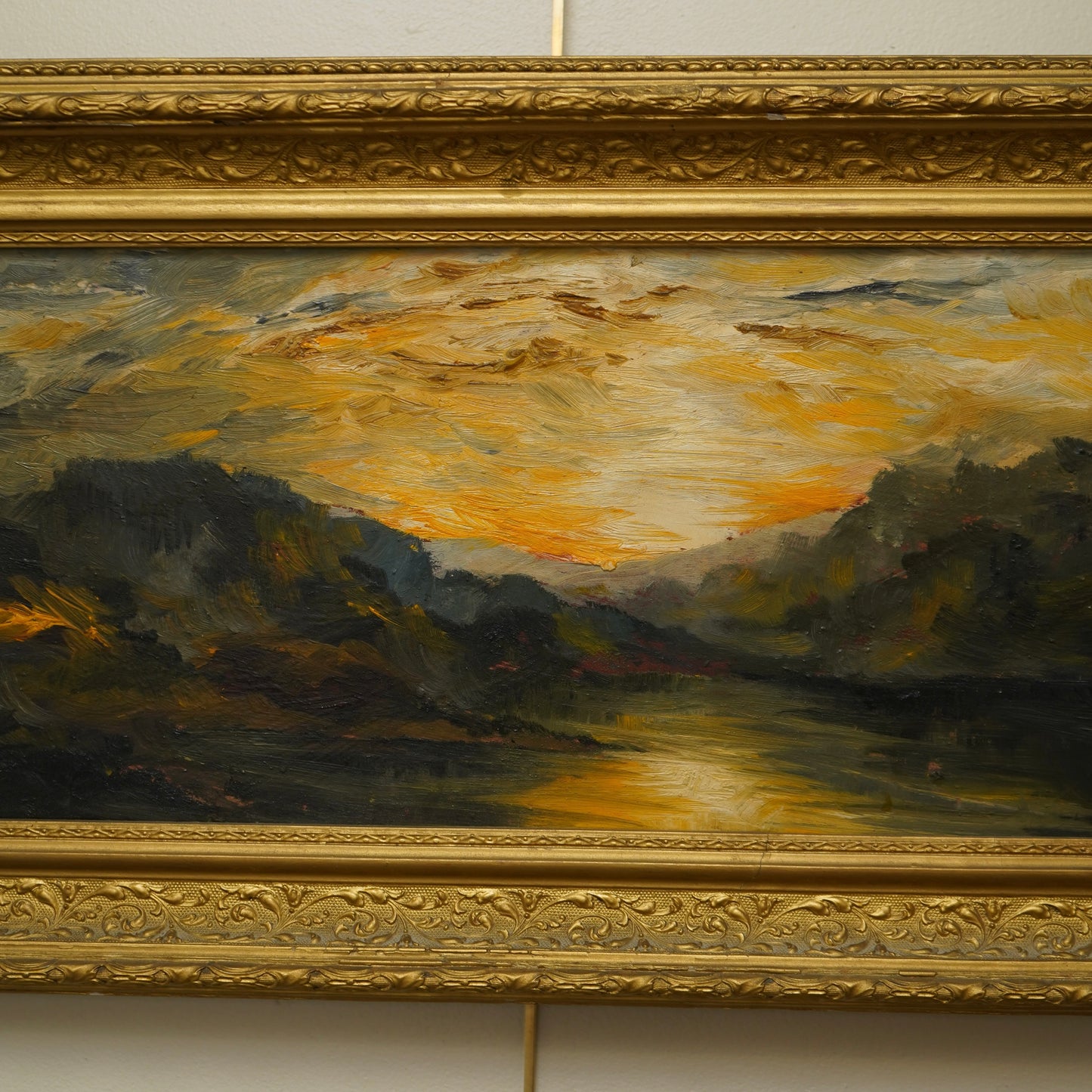 Early 20th Century Impressionist Oil Painting | Sunset Over River Valley in Gilt Frame