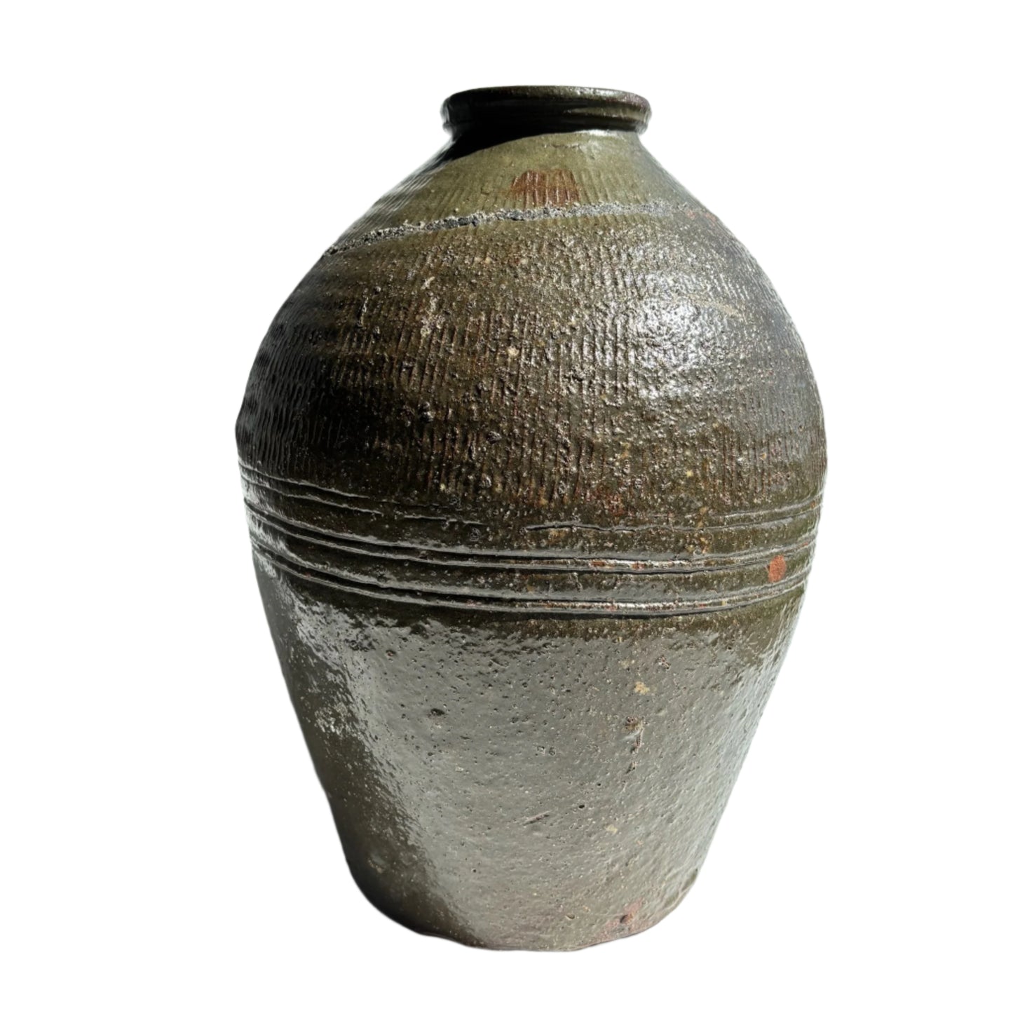 Vintage Chinese Stoneware Oil Jar with Ash Glaze, Rustic Pottery Vessel, 14.25 Inches